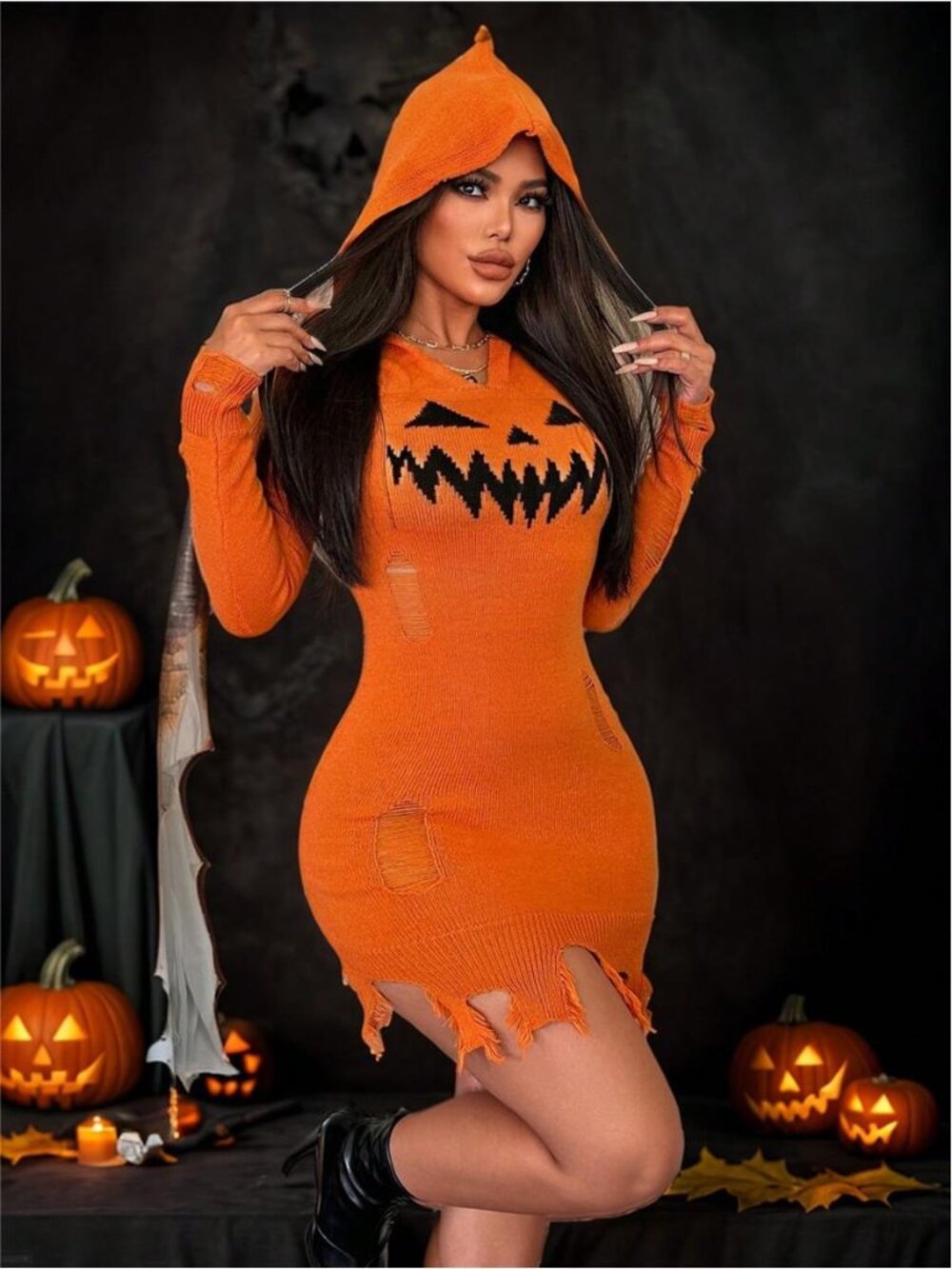 New Halloween Pumpkin Teeth Print Orange Sexy Hollow Out Tassel Hooded